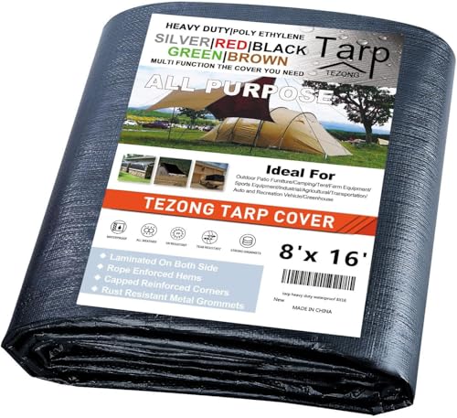 Tarps Heavy Duty Waterproof 8x16ft TEZONG Black Tarp 12Mil Plastic Tarpaulin Outdoor Tarp Cover for Emergency Rain Patio Furniture Wood Roof Camping Car Pool