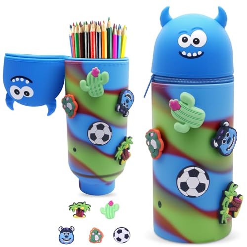 Kawaii Astuccio 2 in 1 Telescopico Chiusura con Cerniera con 5 Charm Decorativi Regali per Ragazze Mostro silicone blu