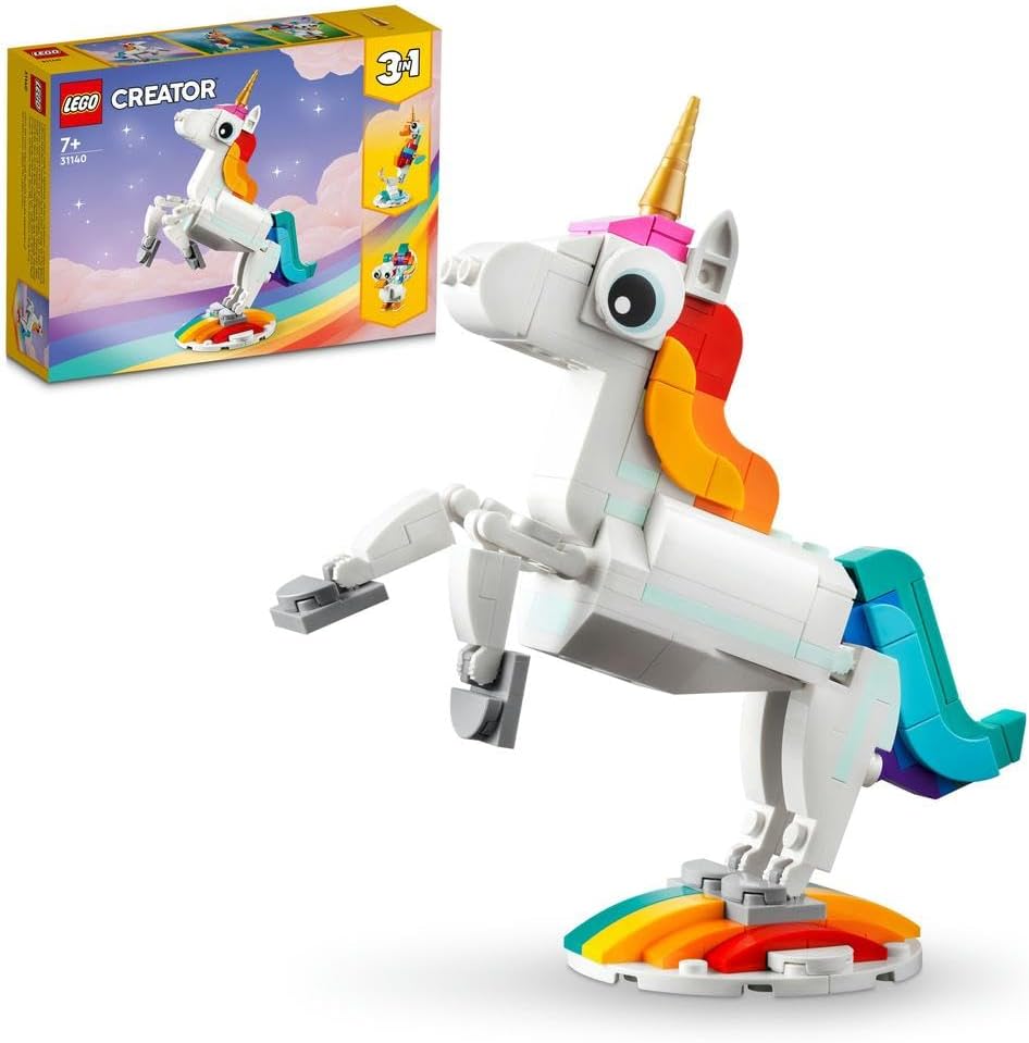 31140 Creator 3 in 1 Magical Unicorn Toy to Seahorse to Peacock, Rainbow Animal Figures, Unicorn Gift for Girls and Boys, Buildable Toys