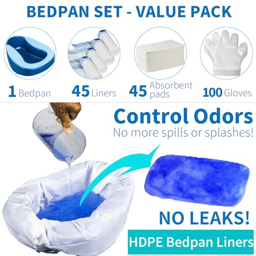 Bedpan Set with 45 Disposable Liners, 45 Absorbent Pads, 100 Gloves, and 1 Bedpan Mat – Bed Pan for Elderly, Women, Men, and Seniors – Portable Bedpan with Liners for Liquid Waste - Thumbnail 2