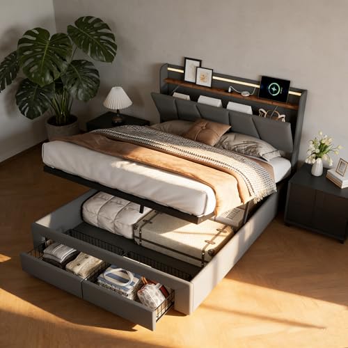 HYNHXBP Lit Coffre 160x200 avec sommier, Lit 2 Personnes avec 2 Tiroirs, LED et USB, Tête de Lits Capitonné avec Rangement Caché et Étagères Ouvertes, Cadre de Lits pour Adultes