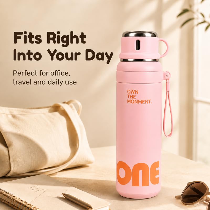 Image of Homero Premium Steel Bottle 1 Litre 1 L, Stylish Water Bottle with Cup & Straw, Leak Proof Elegant Design for Women, Office, Gym, School, College & Travel Use - Soft Pink