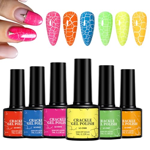 Vernis Gel Craquelé | Vernis Fluorescent UV Craquelé Lot de 6,Soin pour Ongles Résistant & Tendance pour Salon, Maison et Mariage