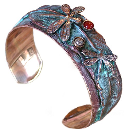 Elaine Coyne Dragonflies On Feather Wearable Art Cuff Bracelet - Semi-Precious Stones #TOP26
