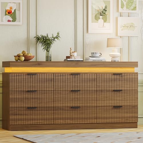 Image of 9 Drawer Dresser with LED Lights and Charging Station, 63 inch Wide Walnut Wood Fluted Dresser for Bedroom, Modern Chest of Drawers for Closet Dresser TV Stand for Living Room, Entryway, Hallway