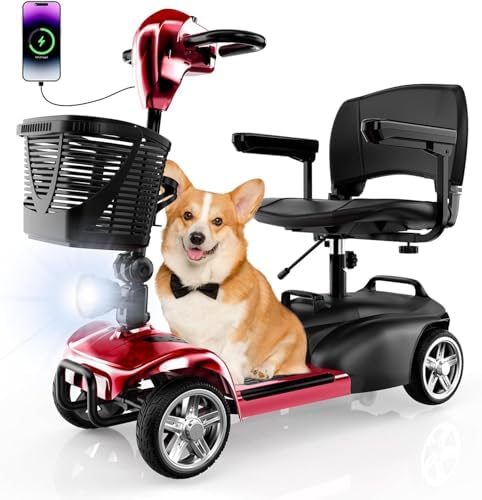 RUN.SE Mobility Scooters for Adults Seniors, 4 Wheels Foldable Electric Wheelchair Device, LED Headlight, Basket, Cup Holder, 14 Miles Long Range, USB Charging, Red