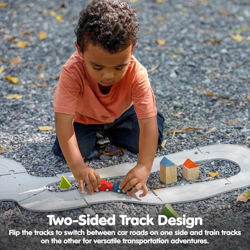 Image of PlanToys Road & Rail Set Montessori Imaginative and Creative Play Set | Early Language, Problem Solving and Coordination Activity | Eco Friendly Road and Rail Building Set