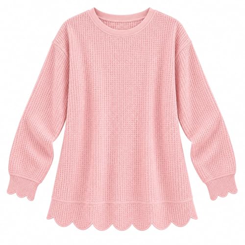 Women Tunic Scalloped Sweatshirt Crewneck Long Sleeve Waffle Knit Tops - image 7