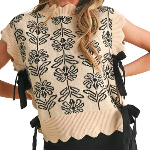 Image of Women Side Tie Sweater Vest Scallop Trim Mock Neck Knit Vest Bow Lace Up Ribbon Sweater Tank Top Knitwear