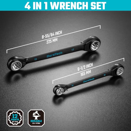 Image of DURATECH 4-in-1 Reversible Ratcheting Box Wrench Set, Metric, 2 Pcs, Black | Double Box End, 8mm, 10mm, 12mm, 13mm & 14mm, 15mm, 17mm, 19mm, CR-V Steel, Black Electrocoat, Rolling Pouch