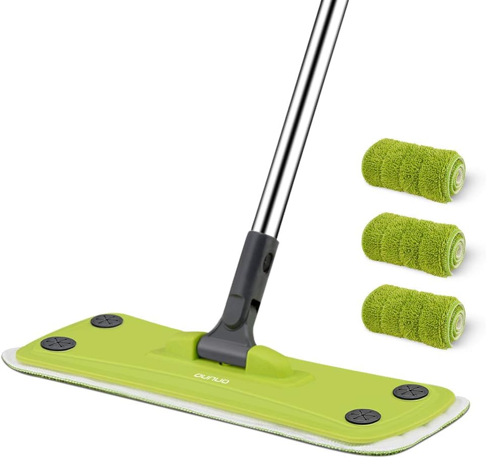 Professional Microfiber Mop OUNUO 360 Rotating Hardwood Floor Mop with Stainless Steel Handle and 3 Washable Reusable Flat Mop Pads for Wet or Dry Floor Cleaning