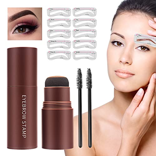 Eyebrow Stamp Stencil Kit,Eyebrow Stamp Kit,Brow Stamp and Shaping Kit,10 Reusable Eyebrow Stamp Stencil,Hairline Shadow Powder Stick, Long-Lasting, Waterproof, Dark Brown)