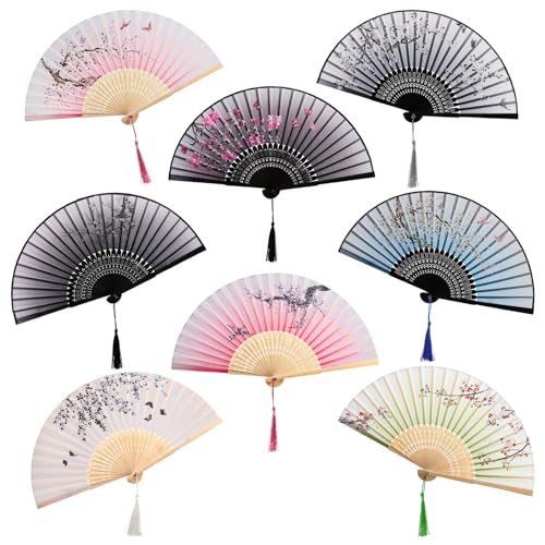 AVLA 8 Pack Folding Fans, Silk Fabric Bamboo Handheld Fans with Tassel, Floral Blossom Hand Holding Fans for Women, Wedding, Dancing Party, Gift, Cosplay, Wall Decoration, Chinese Vintage Retro Style
