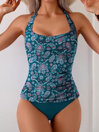 Image of Eomenie Womens Halter Tankini Bathing Suit Ruched Tummy Control Two Piece Swimsuit with Bottom