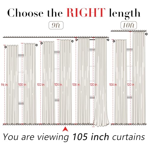Image of XTMYI 105 Inch White Cotton Linen Curtains 2 Panels Set Custom Length Back Tab Window Sheer Curtain Drapes for Living Room Bedroom,50x105 in Long