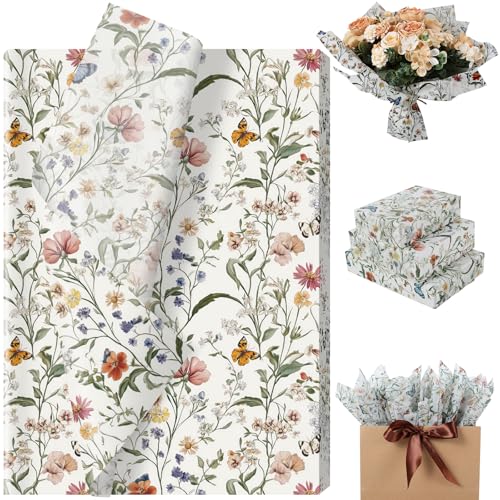 100 Sheets Wildflower Butterfly Tissue Paper Vintage Wildflower Seamless Spring Wildflowers Pattern Gift Wrapping Paper for Birthday Wedding Baby Shower Supplies 13.8 x 19.7 Inch