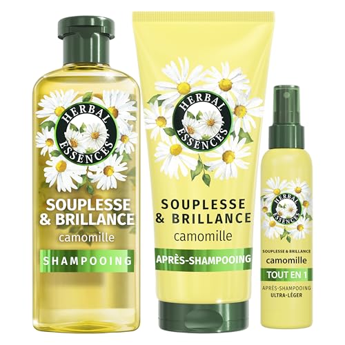 Herbal Essences Smoothness & Shine Routine Camomille Avec 250ml Shampooing, 200ml Conditioner Et 145ml Spray Léger Tout-en-un, Cheveux Bouclés et Ternes Plus...