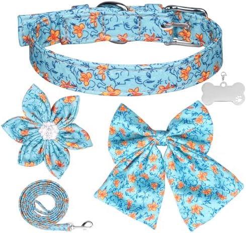 Dog Collar and Leash Set with Flower Bowtie, Including Adjustable Pin Buckle Collars, Detachable Bowtie and Flower, Leash and Dog Tag, for Small Medium Large Dogs (L, Blue Floral)