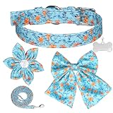 Dog Collar and Leash Set with Flower Bowtie, Including Adjustable Pin Buckle Collars, Detachable Bow
