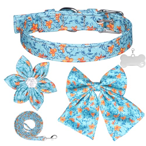 Dog Collar And Leash Set With Flower Bowtie, Including Adjustable Pin Buckle Collars, Detachable Bowtie And Flower, Leash And Dog Tag, For Small Medium Large Dogs (L, Blue Floral) #TOP1