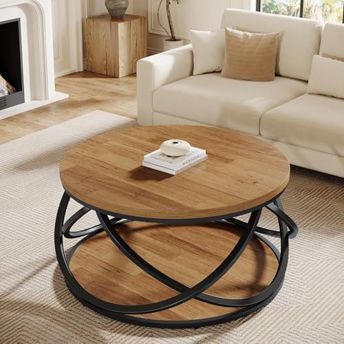 Tribesigns 2-Tier Round Coffee Table, 31.5" Circular Centre Table, Wood Grain Accent Table with Storage Shelf and Cross Metal Frame for Living Room, Small Space, Rustic Brown - Image 7