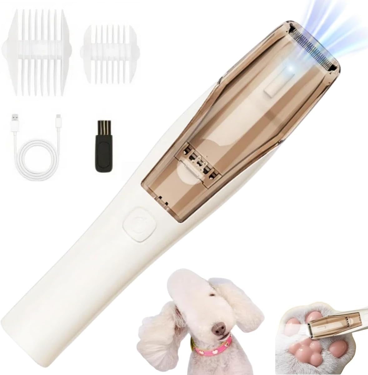 Dog Hair Clippers with Vacuum,LED Light Dog Paw Trimmer,Low Noise Rechargeable Cordless Dogs Cats Shedding Grooming for Paw,Body