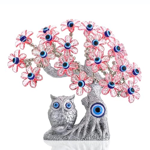 7.4'' Turkish Blue Evil Eye Tree Feng Shui Owl Decorative Showpiece for Protection, Good Luck & Prosperity (Pink Flowers)