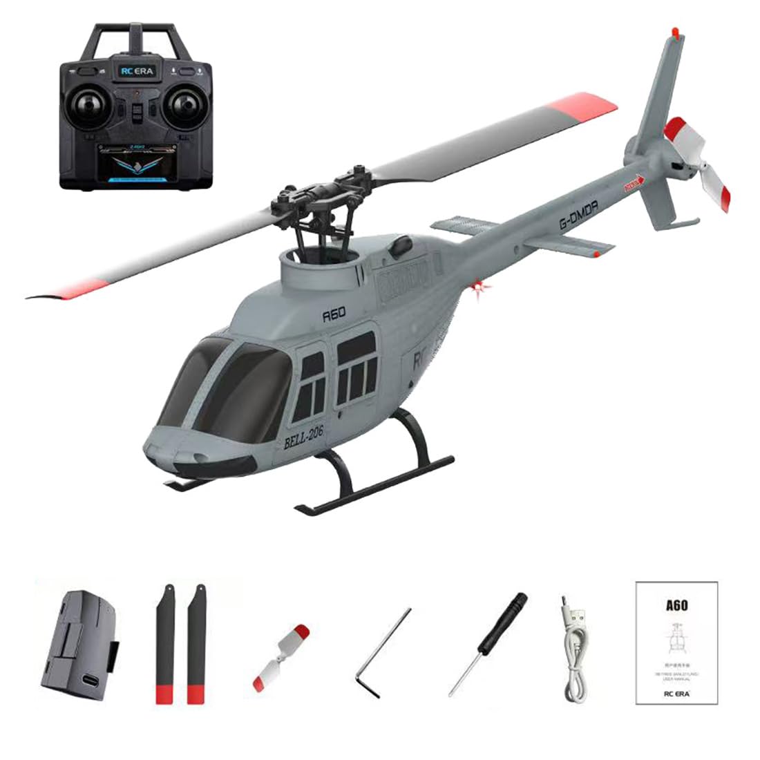 RC ERA A60 Bell 206 RC Helicopter for Adults, 1/42 Scale Single Rotor Flapless RC Helicopter, 6G 6CH Remote Control Aircraft Model with Altitude Hold & One-Key Takeoff Landing (RTF/1Battery)