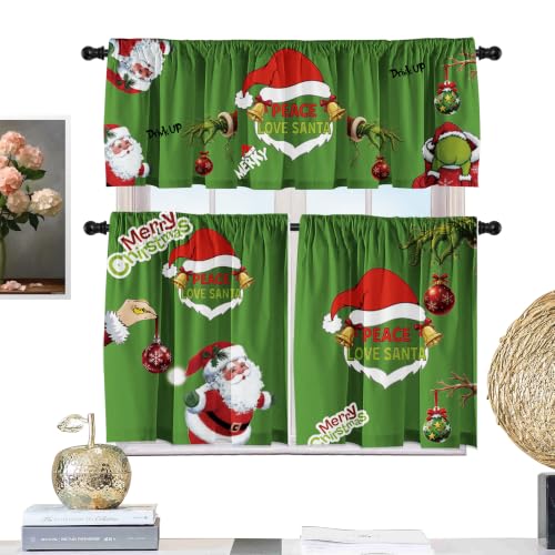Cuteiush Christmas Holiday Kitchen Curtain Valance Set with 3 Pieces - 1 Valance (52L x 18W) and 2 Panels (36L x 26W) in Green for Festive Kitchen Decoration
