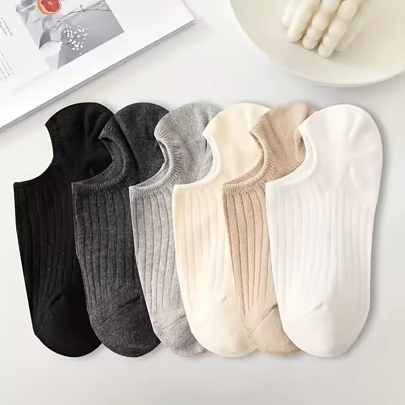 Image of Pack of 6 No Show Socks for Men & Women | Cotton Blend Low Cut Invisible Socks | Anti-Slip Breathable Ribbed Ankle Socks | Multicolour Casual Summer Socks