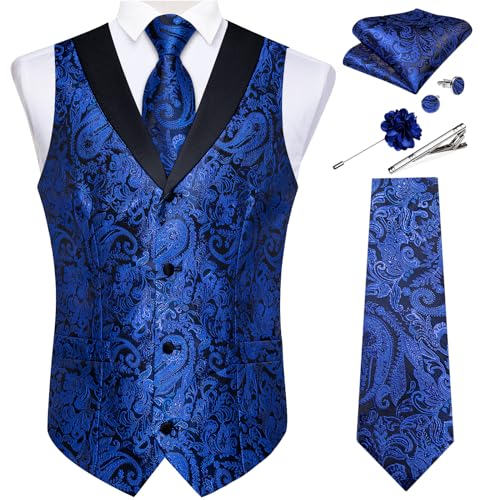 Image of DiBanGu Mens Paisley Suit Vest Silk Jacquard Waistcoat and Necktie Set Formal Shawl Collar Dress Vest 7PCS for Wedding Party
