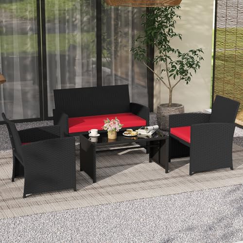 Image of Tangkula 4 Pices Patio Wicker Furniture Set, Outdoor Heavy Duty Rattan Cushioned Chairs, Loveseat and Tempered Glass Coffee Table, for Backyard, Balcony, Poolside