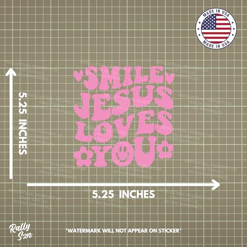 Image of Smile Jesus Loves You - Christian Jesus Cross Car Vinyl Decal Bumper Sticker for Car, Wall, Window, Vehicle, Weather Resistant, Viral (1, Pink)