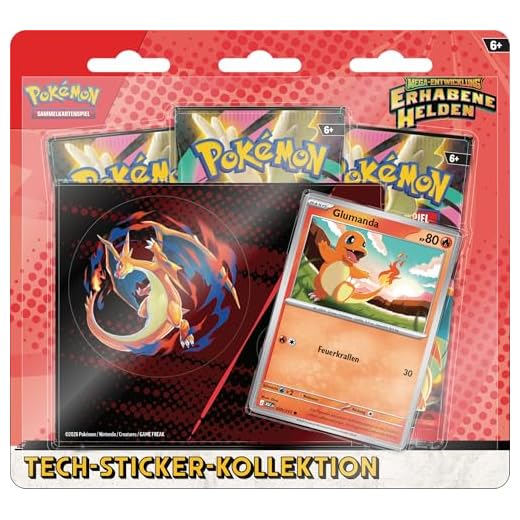 Pokémon-Sammelkartenspiel: Tech-Sticker-Kollektion Mega-Entwicklung – Erhabene Helden: Glumanda (1 holografische Promokarte und 3 Boosterpacks)