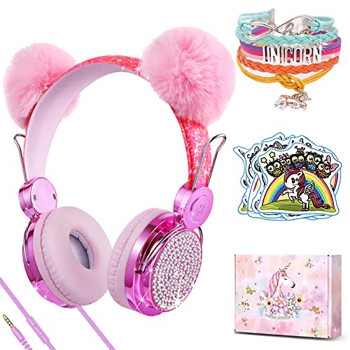 🛒 Crazy Deals Kids Headphones,Charlxee Pom Pom Wired Headsets with Gifts Packing Include Sticker&Bracelet for Girls,Built-in Mic&On/Over Ear HD Stereo for Online Study/School/Tablet with Nylon Cable-Hot Pink