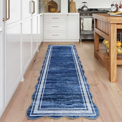 GarveeHome Washable Runner Rug 2x6 for Hallway Scalloped Kitchen Rugs, Non Skid Stain-Resistant Solid Bordered Rug Soft Scalloped Carpet Runners for Entryway Bathroom Laundry Room Bedside (Blue,2x6ft)