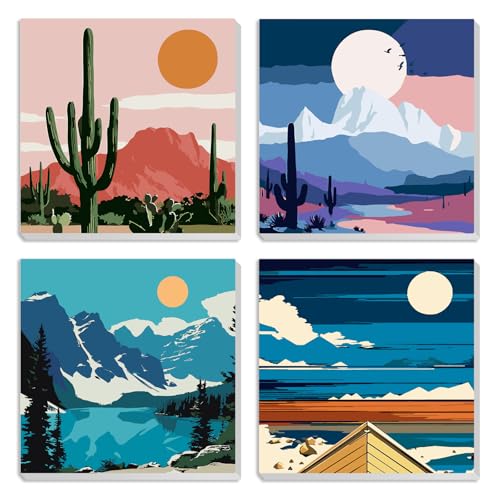 MXJSUA Mond-Bergsee 4er-Pack Malen-Nach-Zahlen-Set Für Kinder Mit Rahmen, Malen-Nach-Zahlen Für Alter 6-12, DIY Acryl-Ölfarben Für Heimwanddekoration Geschenk 20x20cm