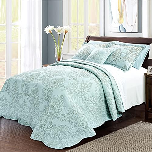Home Soft Things Damask 4 Piece Bedspread Set, Scalloped Edge Reversible Quilt Coverlet Comforter Prewashed Bedding Set, Matelasse Embossed Floral Solid Pattern,Blue Oversize King(120" x 120")