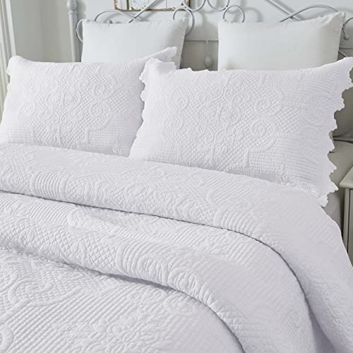 Brandream 20220915QS001 White Quilt Set Queen Size Cotton Vintage Scalloped Farmhouse Comforter Set Matelasse Bedding Bedspreads 3-Piece cover