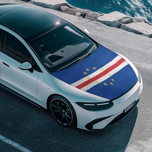 Image of Cape Verde Flag Print Car Hood Cover Elastic Polyester Car Hood Protector Auto Patriotic Decorations Waterproof Sunproof Automotive Exterior Accessories for Sports Events and Outdoor Use