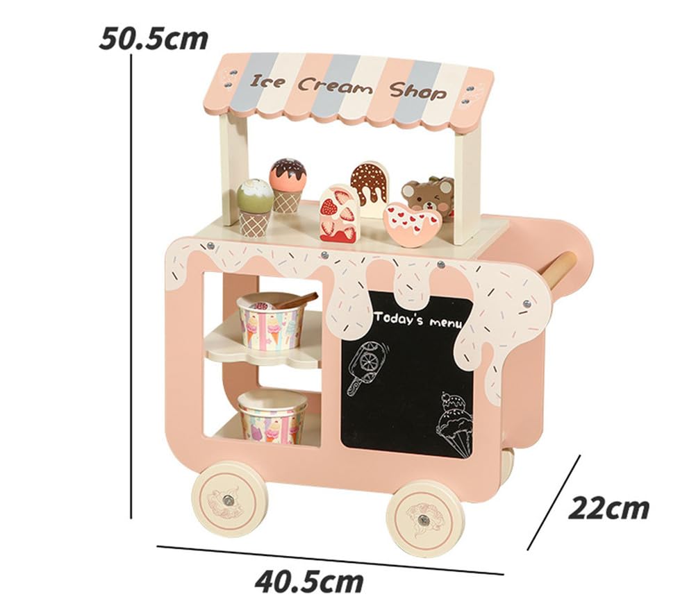 Set da Gioco Carretto di Gelato in Legno, Bancarella Finta di Dolci | Giocattolo camioncino dei gelati in legno mobile, carretto degli snack finto con lavagna