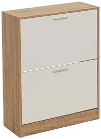 Zapatero estrecho laminado natural y blanco con 2 puertas, de 60x24x80 cm