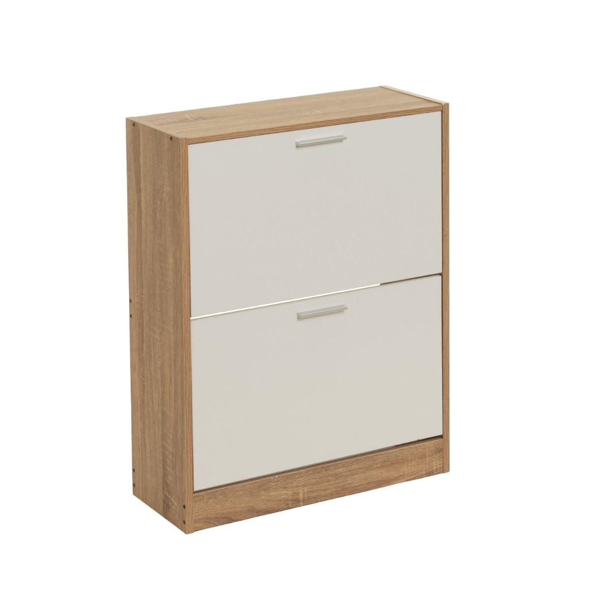 Zapatero estrecho laminado natural y blanco con 2 puertas, de 60x24x80 cm