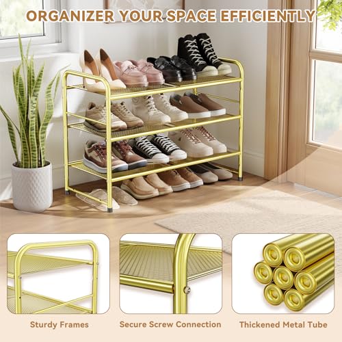 Image of Modern Shoe Rack, 3 Tier Heavy Duty Metal Mesh Shoe Shelf 27 Inch Wide, Gold