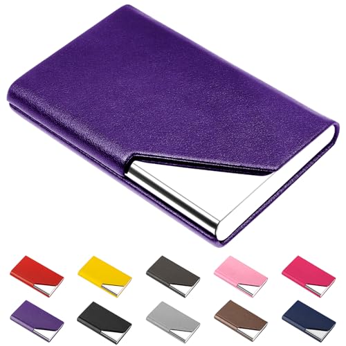 Image of Padike Business Card Holder, Upgraded Leather Business Card Case Pocket Card Holders for Men or Women, Metal Slim Name Card Holder RFID Blocking Business Card Carrier with Magnetic Closure(Purple)