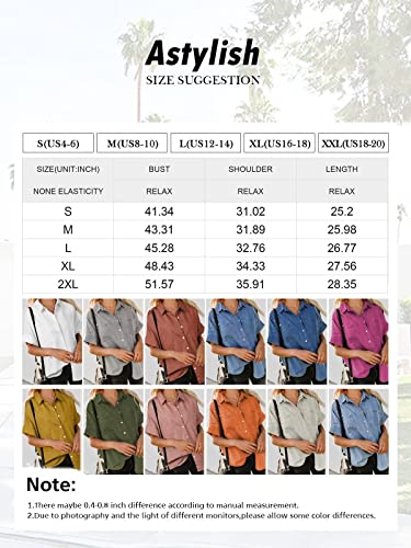 Astylish Womens Summer Tops Casual Short Sleeve Pocket Button Down Shirt Ladies Cute Blouses Light Blue Large #TOP5