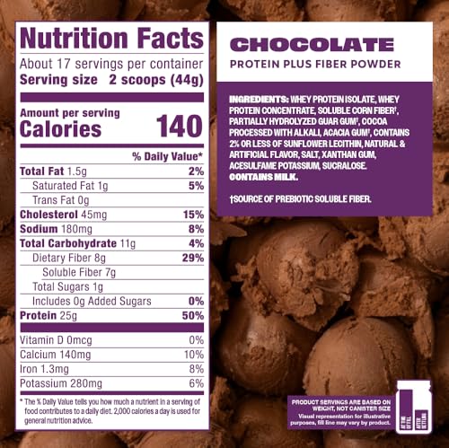 Image of Premier Protein Powder Plus Fiber, Chocolate, 25g Protein, 7g Fiber to Support Gut Health, No Added Sugar (17 Servings)