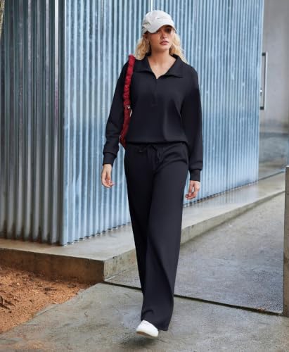 Image of PINSPARK 2 Piece Sets for Women 1 /2 Zip Sweatsuit 2026 Matching Outfit Fall | Lightweight Air Layer Fabric, Loose Fit Sweatshirt, Straight Leg Pants with Pockets, Soft Lounge Sets, Airport Outfits Women