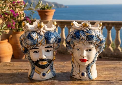 Mondocreazioni Coppia teste di moro regina e re in ceramica decorata stile siciliano vasi moderni gic (FOGLIE, 14 X 13 X 18 CM)