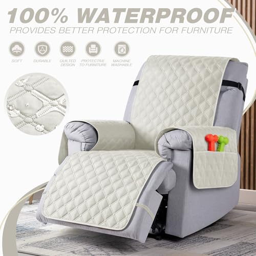 Image of TAOCOCO 100% Waterproof Recliner Covers, Recliner Sofa Covers with Leg Straps, Reversible Recliner Couch Cover for Reclining Chair, Washable Couch Protector for Pets Kids(1 Seater 28 inch, Off White)
